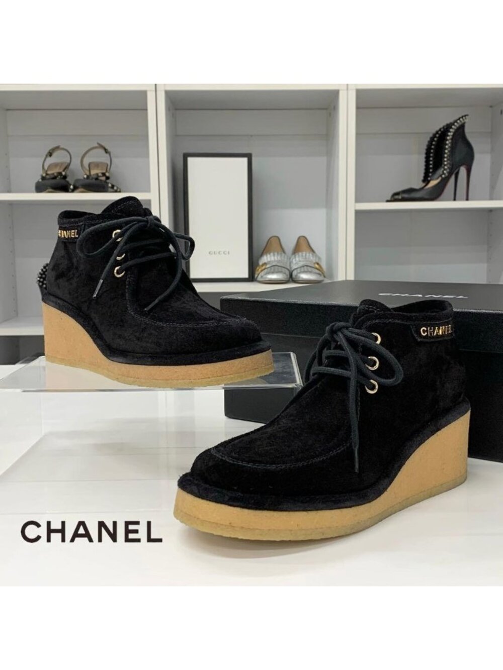 Chanel Suede Logo Wedge Sole Lace-up Shoes Black